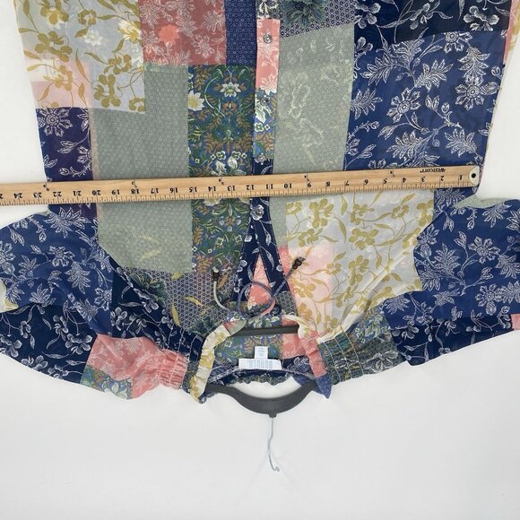 Bunulu Women's XL Mixed Print Boho Peasant Smocked Beaded Tie Front Blouse Sheer - Picture 12 of 13